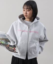 【FFEIN（フェイン）】センター3D刺繍立体フードショート丈ZIPパーカー / レディース パーカー 裏起毛 ヘビーウエイト フーディ ダブルジップ 【短丈】