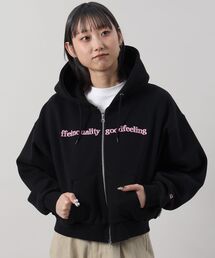 【FFEIN(フェイン)】センター3D刺繍立体フードショート丈ZIPパーカー / レディース パーカー 裏起毛 ヘビーウエイト フーディ ダブルジップ 【短丈】