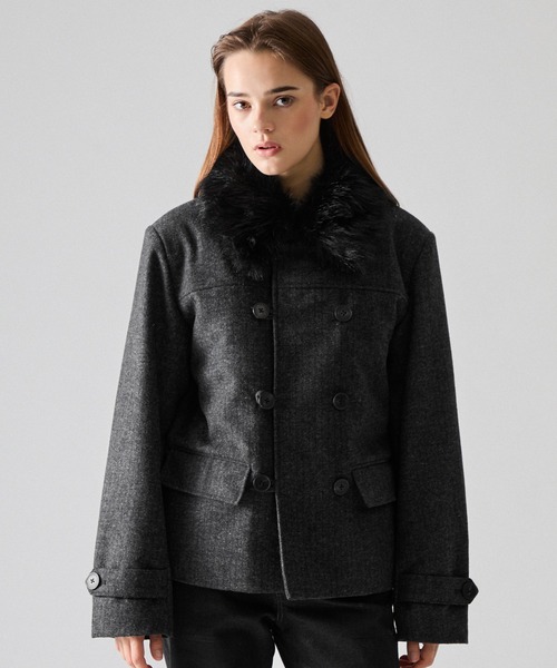 CLEL】Wool Blend Herringbone Tweed 2way Short P Coat / ウール