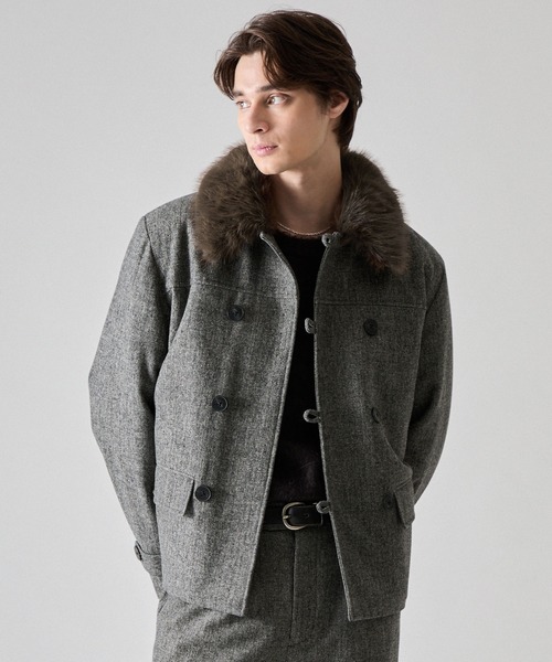 CLEL】Wool Blend Herringbone Tweed 2way Short P Coat / ウール