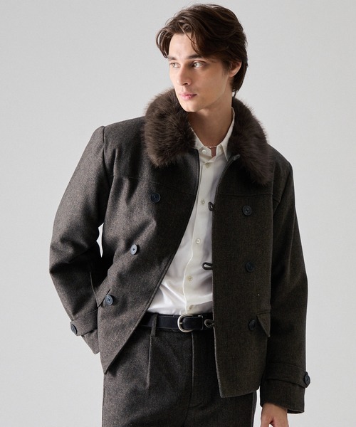 CLEL】Wool Blend Herringbone Tweed 2way Short P Coat / ウール