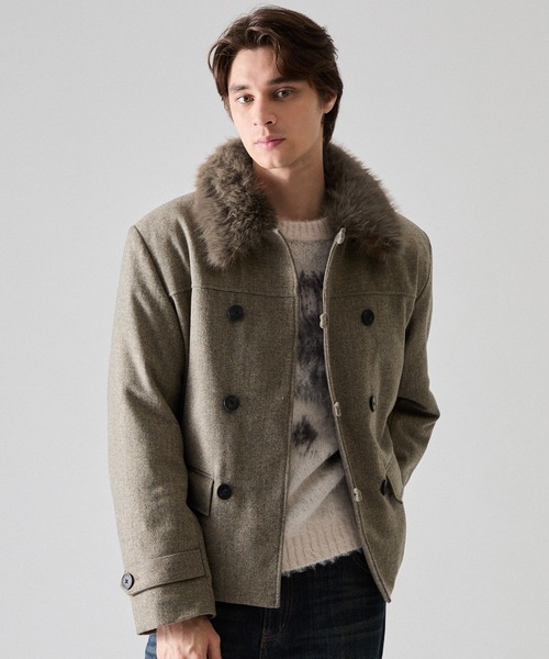 CLEL】Wool Blend Herringbone Tweed 2way Short P Coat / ウール