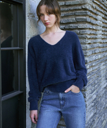 ファジーヘアリー vneck プルオーバー ニット [NAVY]