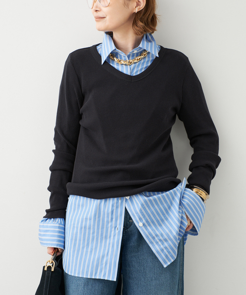 Deuxieme Classe(ドゥーズィエムクラス)の「Co/Ca Rib Vネック Tシャツ(Tシャツ/カットソー・レディース・ネイビー/ブラウン/ブラック・FREE)」の3枚目の写真