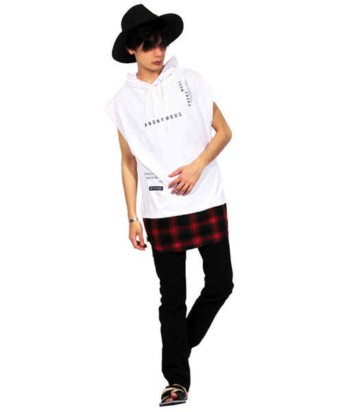 8(eight)(エイト)の「チェック ノースリーブパーカー 半袖 プルオーバー(Tシャツ/カットソー・メンズ・ホワイト/ブラック・LARGE/MEDIUM)」の3枚目の写真