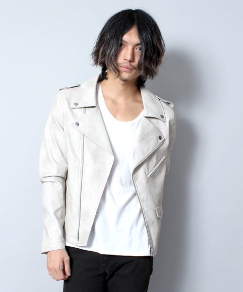 WEGO（ウィゴー）の「WEGO/フェイクレザーダブルライダースジャケット（ライダースジャケット・メンズ・ホワイト/ブラック/ブルー・MEDIUM/LARGE）」の2枚目の写真