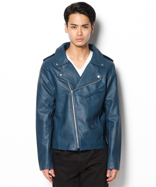 WEGO（ウィゴー）の「WEGO/フェイクレザーダブルライダースジャケット（ライダースジャケット・メンズ・ホワイト/ブラック/ブルー・MEDIUM/LARGE）」の4枚目の写真