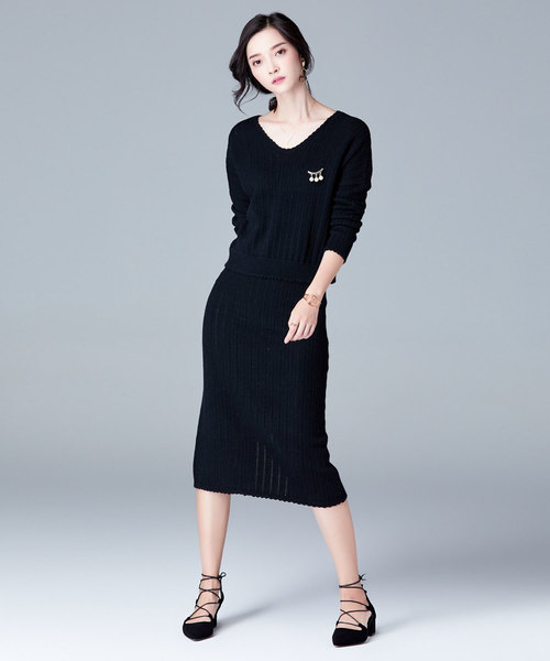 SAISON DE PAPILLON（セゾンドパピヨン）の「Vネックトップスとスカート&透かし編みデザインセットアップ（ワンピース・レディース・ブラック/ベージュ/ブラウン/ミント・S/M/L）」の10枚目の写真