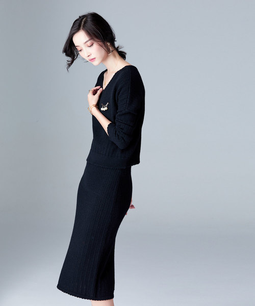 SAISON DE PAPILLON（セゾンドパピヨン）の「Vネックトップスとスカート&透かし編みデザインセットアップ（ワンピース・レディース・ブラック/ベージュ/ブラウン/ミント・S/M/L）」の11枚目の写真