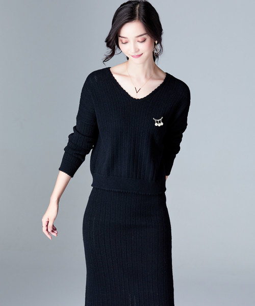 SAISON DE PAPILLON（セゾンドパピヨン）の「Vネックトップスとスカート&透かし編みデザインセットアップ（ワンピース・レディース・ブラック/ベージュ/ブラウン/ミント・S/M/L）」の12枚目の写真