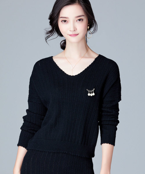 SAISON DE PAPILLON（セゾンドパピヨン）の「Vネックトップスとスカート&透かし編みデザインセットアップ（ワンピース・レディース・ブラック/ベージュ/ブラウン/ミント・S/M/L）」の13枚目の写真