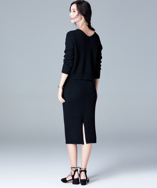 SAISON DE PAPILLON（セゾンドパピヨン）の「Vネックトップスとスカート&透かし編みデザインセットアップ（ワンピース・レディース・ブラック/ベージュ/ブラウン/ミント・S/M/L）」の14枚目の写真