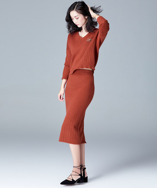 SAISON DE PAPILLON（セゾンドパピヨン）の「Vネックトップスとスカート&透かし編みデザインセットアップ（ワンピース・レディース・ブラック/ベージュ/ブラウン/ミント・S/M/L）」の16枚目の写真