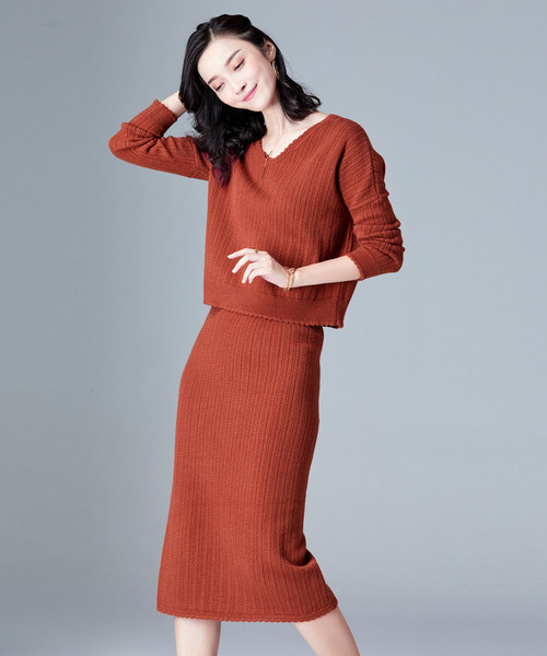 SAISON DE PAPILLON（セゾンドパピヨン）の「Vネックトップスとスカート&透かし編みデザインセットアップ（ワンピース・レディース・ブラック/ベージュ/ブラウン/ミント・S/M/L）」の17枚目の写真