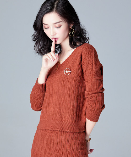 SAISON DE PAPILLON（セゾンドパピヨン）の「Vネックトップスとスカート&透かし編みデザインセットアップ（ワンピース・レディース・ブラック/ベージュ/ブラウン/ミント・S/M/L）」の18枚目の写真