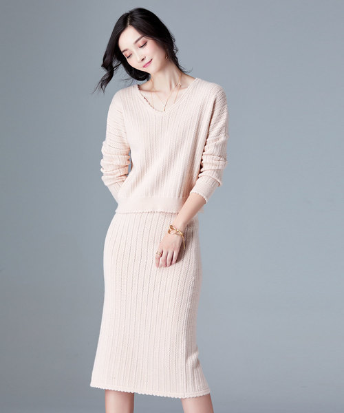 SAISON DE PAPILLON（セゾンドパピヨン）の「Vネックトップスとスカート&透かし編みデザインセットアップ（ワンピース・レディース・ブラック/ベージュ/ブラウン/ミント・S/M/L）」の21枚目の写真