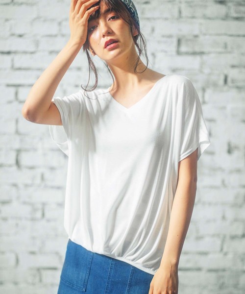 GeeRA(ジーラ)の「フロントタックドレープトップス(Tシャツ/カットソー・レディース・ダークブルー/ストライプ/ホワイト/ブラック・MEDIUM/SMALL/LARGE/X-LARGE)」の1枚目の写真