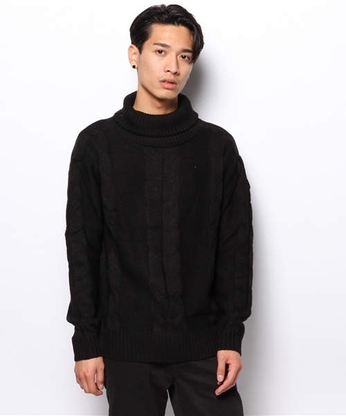 WEGO（ウィゴー）の「WEGO/ケーブルタートルニット（ニット/セーター・メンズ・ブラック/杢グレー・LARGE/MEDIUM）」の3枚目の写真