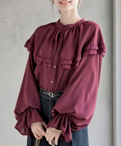 rps（アールピーエス）の「ケープ衿キャンディー袖ブラウス（シャツ/ブラウス・レディース・オフホワイト/サックスブルー/グレイッシュブルー/ブラック/ミント/ピンクベージュ/ボルドー/モカ/グレイッシュベージュ/パープル/チャコールグレー/ライトグレー・M/フリー）」の12枚目の写真