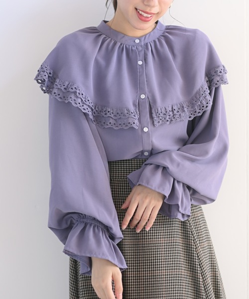 rps（アールピーエス）の「ケープ衿キャンディー袖ブラウス（シャツ/ブラウス・レディース・オフホワイト/サックスブルー/グレイッシュブルー/ブラック/ミント/ピンクベージュ/ボルドー/モカ/グレイッシュベージュ/パープル/チャコールグレー/ライトグレー・M/フリー）」の9枚目の写真