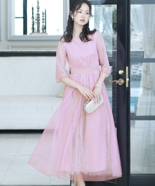 PourVous(プールヴー)の「フレア シルエット パーティー ドレス 大きいサイズ ミモレ丈&七分袖 結婚式 フォーマル オケージョンドレス お呼ばれ 二次会 成人式 (ドレス・レディース・ブルーグレー/ライトグリーン/ピンク/ブラック・M)」の4枚目の写真