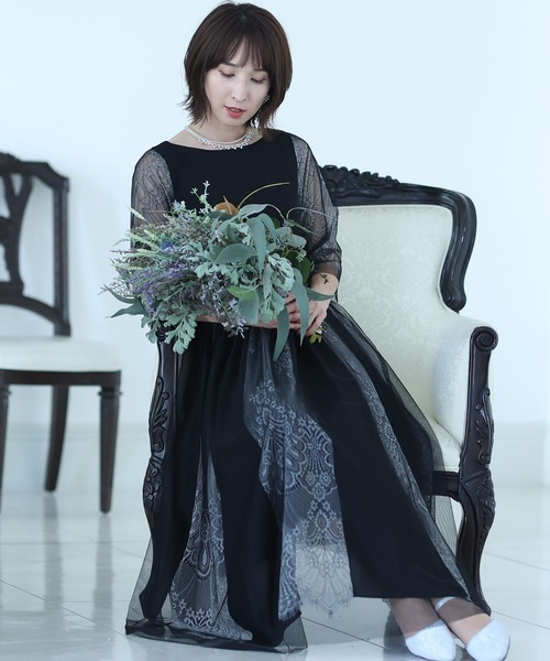 PourVous(プールヴー)の「フレア シルエット パーティー ドレス 大きいサイズ ミモレ丈&七分袖 結婚式 フォーマル オケージョンドレス お呼ばれ 二次会 成人式 (ドレス・レディース・ブルーグレー/ライトグリーン/ピンク/ブラック・M)」の2枚目の写真