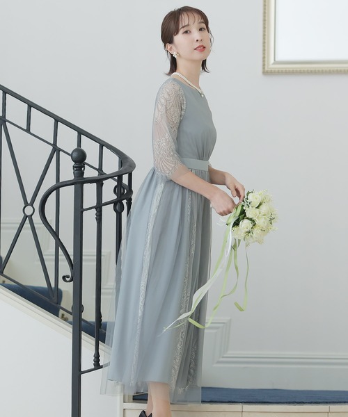 PourVous(プールヴー)の「フレア シルエット パーティー ドレス 大きいサイズ ミモレ丈&七分袖 結婚式 フォーマル オケージョンドレス お呼ばれ 二次会 成人式 (ドレス・レディース・ブルーグレー/ライトグリーン/ピンク/ブラック・M)」の6枚目の写真