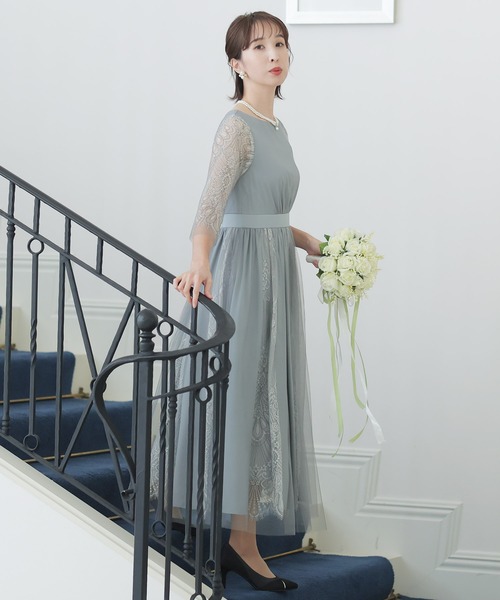 PourVous(プールヴー)の「フレア シルエット パーティー ドレス 大きいサイズ ミモレ丈&七分袖 結婚式 フォーマル オケージョンドレス お呼ばれ 二次会 成人式 (ドレス・レディース・ブルーグレー/ライトグリーン/ピンク/ブラック・M)」の8枚目の写真