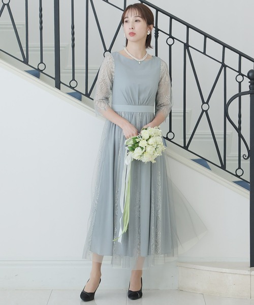 PourVous(プールヴー)の「フレア シルエット パーティー ドレス 大きいサイズ ミモレ丈&七分袖 結婚式 フォーマル オケージョンドレス お呼ばれ 二次会 成人式 (ドレス・レディース・ブルーグレー/ライトグリーン/ピンク/ブラック・M)」の9枚目の写真