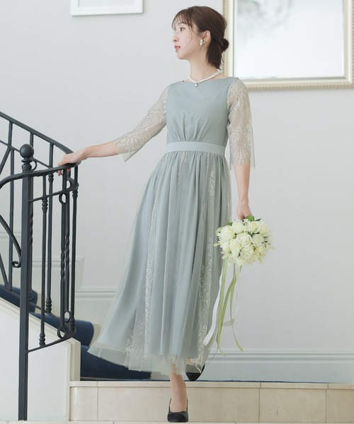 PourVous(プールヴー)の「フレア シルエット パーティー ドレス 大きいサイズ ミモレ丈&七分袖 結婚式 フォーマル オケージョンドレス お呼ばれ 二次会 成人式 (ドレス・レディース・ブルーグレー/ライトグリーン/ピンク/ブラック・M)」の11枚目の写真