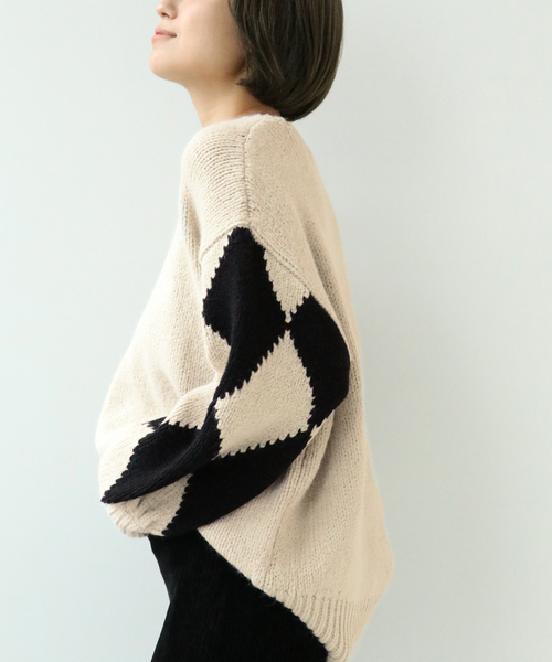 Simplicite（サンプリシテ）の「ダイヤジャガード スリーブプルオーバー◆（ニット/セーター・レディース・ブラック/ベージュ/グレー・FREE）」の7枚目の写真