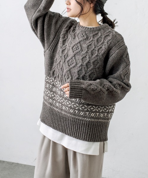PUAL CE CIN（ピュアルセシン）の「シェットランドケーブルニットプルオーバー（ニット/セーター・レディース・アイボリー/スミクロ/モカ・FREE）」の3枚目の写真