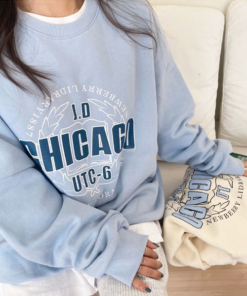 Dalfwin（ダールフィン）の「2022 S/S 春夏 韓国スウェット CHICAGOプリントスウェット トレーナー（スウェット・レディース・クリーム/グレー系その他/ライトブルー・FREE）」の8枚目の写真