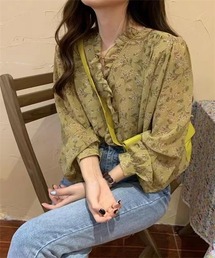レディース 長袖小花柄シフォンブラウス