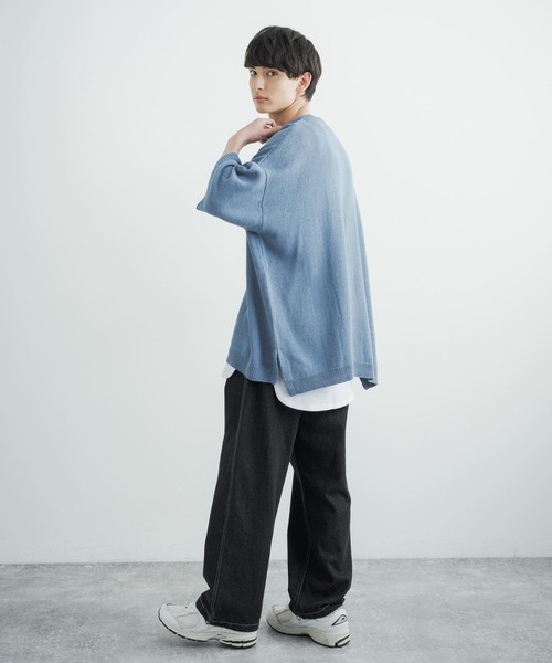 Rocky Monroe(ロッキーモンロー)の「オーバーサイズ 綿麻 5分袖 クルーネックサマーニット(ニット/セーター・メンズ・ライトグレー/インディゴブルー/ケリー/スモークピンク/グレイッシュベージュ/グレイッシュブルー/ブラック・M/L/XL)」の13枚目の写真