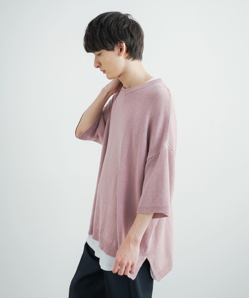 Rocky Monroe(ロッキーモンロー)の「オーバーサイズ 綿麻 5分袖 クルーネックサマーニット(ニット/セーター・メンズ・ライトグレー/インディゴブルー/ケリー/スモークピンク/グレイッシュベージュ/グレイッシュブルー/ブラック・M/L/XL)」の17枚目の写真