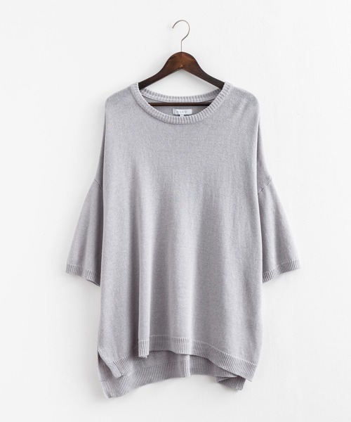 Rocky Monroe(ロッキーモンロー)の「オーバーサイズ 綿麻 5分袖 クルーネックサマーニット(ニット/セーター・メンズ・ライトグレー/インディゴブルー/ケリー/スモークピンク/グレイッシュベージュ/グレイッシュブルー/ブラック・M/L/XL)」の20枚目の写真