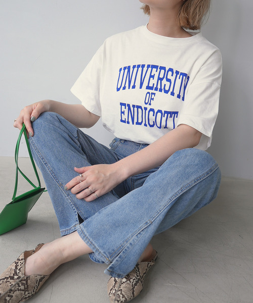 c.u.l(シーユーエル)の「天竺カレッジロゴTシャツ culwd22ss012(Tシャツ/カットソー・レディース・ライトベージュ/ホワイト×ブルー・FREE)」の5枚目の写真