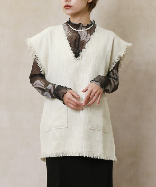 Lull（ルル）の「【Lull / ルル】フリンジツイードベスト（ベスト・レディース・アイボリー/ベージュ/ブラック・ONESIZE）」の2枚目の写真