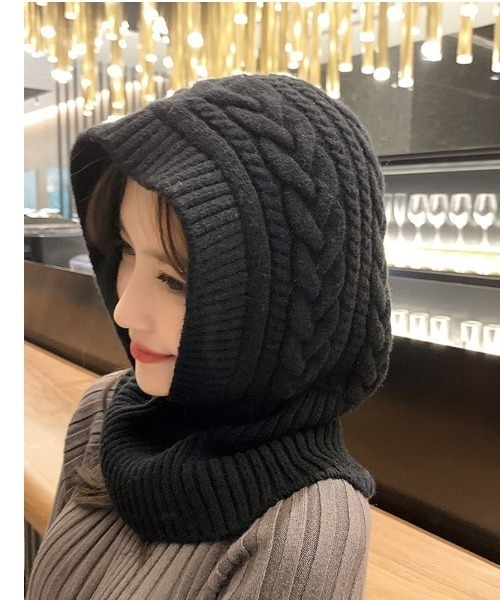 Auntie Rosa（アンティローザ）の「ケーブル編みニットキャップ/ニットフードウォーマー/ バラクラバ（ニットキャップ/ビーニー・レディース・ホワイト/ブラウン/ベージュ/ブラック/グレー・FREE）」の3枚目の写真