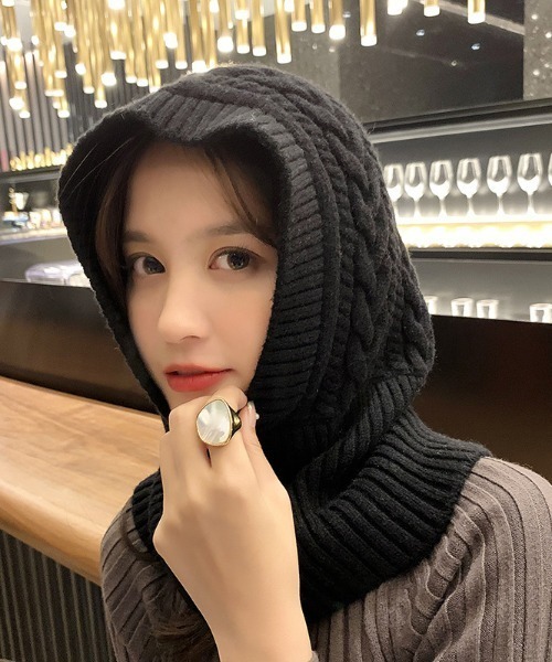 Auntie Rosa（アンティローザ）の「ケーブル編みニットキャップ/ニットフードウォーマー/ バラクラバ（ニットキャップ/ビーニー・レディース・ホワイト/ブラウン/ベージュ/ブラック/グレー・FREE）」の7枚目の写真