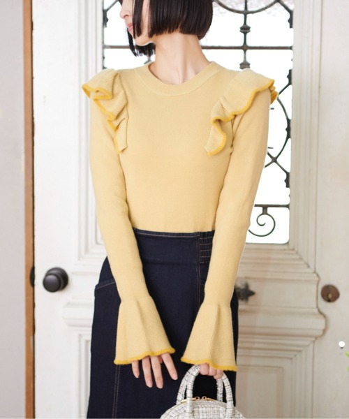 FREE'S MART（フリーズマート）の「◆【WEB限定】トリミング畦フリルコンパクトニット（ニット/セーター・レディース・ベージュ/イエロー/グリーン/ブラック・FREE）」の5枚目の写真