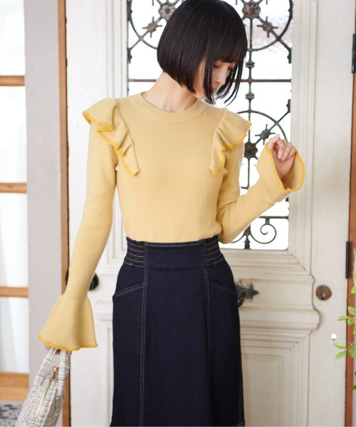 FREE'S MART（フリーズマート）の「◆【WEB限定】トリミング畦フリルコンパクトニット（ニット/セーター・レディース・ベージュ/イエロー/グリーン/ブラック・FREE）」の6枚目の写真