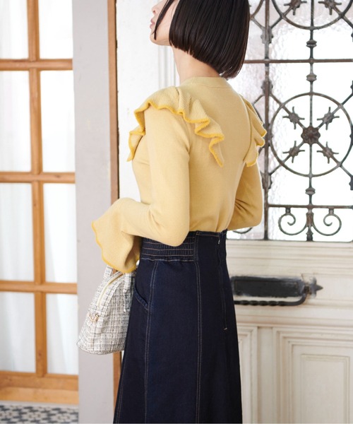 FREE'S MART（フリーズマート）の「◆【WEB限定】トリミング畦フリルコンパクトニット（ニット/セーター・レディース・ベージュ/イエロー/グリーン/ブラック・FREE）」の7枚目の写真