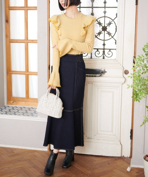 FREE'S MART（フリーズマート）の「◆【WEB限定】トリミング畦フリルコンパクトニット（ニット/セーター・レディース・ベージュ/イエロー/グリーン/ブラック・FREE）」の10枚目の写真