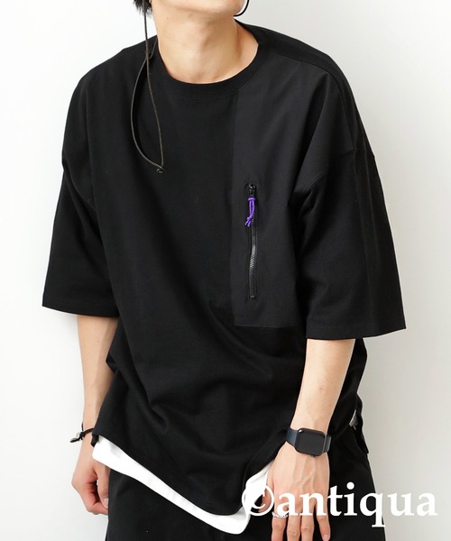 antiqua(アンティカ)の「異素材MIXポケット付きカットソー(Tシャツ/カットソー・メンズ・ブラック/ホワイト/スミクロ・FREE)」の14枚目の写真