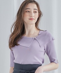 アシメリブオフショル風5分袖ニットプルオーバー