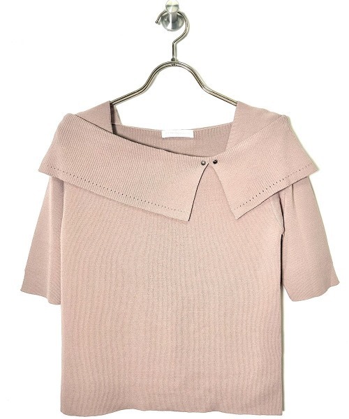 12Twelve Agenda（トゥエルブ　アジェンダ）の「アシメリブオフショル風5分袖ニットプルオーバー（ニット/セーター・レディース・ブラック/ラベンダー/サックスブルー/グレイッシュベージュ/オフホワイト/ピンク/ベージュ/グリーン・M）」の3枚目の写真