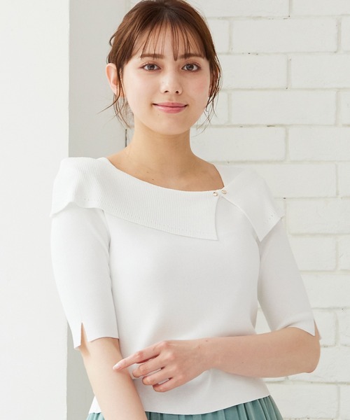 12Twelve Agenda（トゥエルブ　アジェンダ）の「アシメリブオフショル風5分袖ニットプルオーバー（ニット/セーター・レディース・ブラック/ラベンダー/サックスブルー/グレイッシュベージュ/オフホワイト/ピンク/ベージュ/グリーン・M）」の2枚目の写真