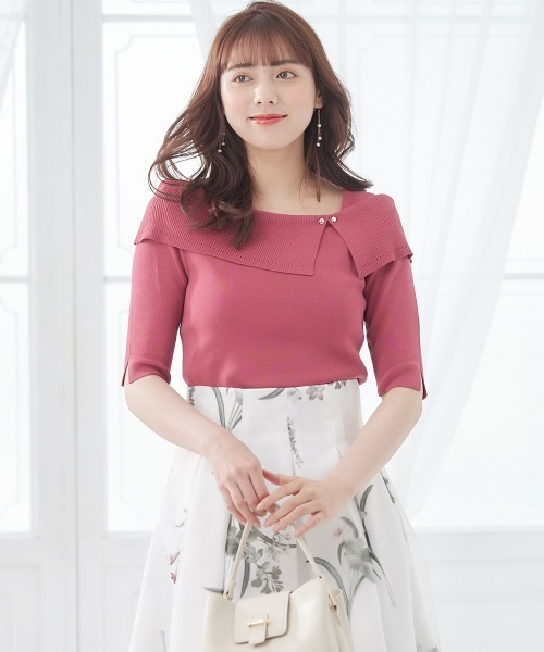 12Twelve Agenda（トゥエルブ　アジェンダ）の「アシメリブオフショル風5分袖ニットプルオーバー（ニット/セーター・レディース・ブラック/ラベンダー/サックスブルー/グレイッシュベージュ/オフホワイト/ピンク/ベージュ/グリーン・M）」の8枚目の写真